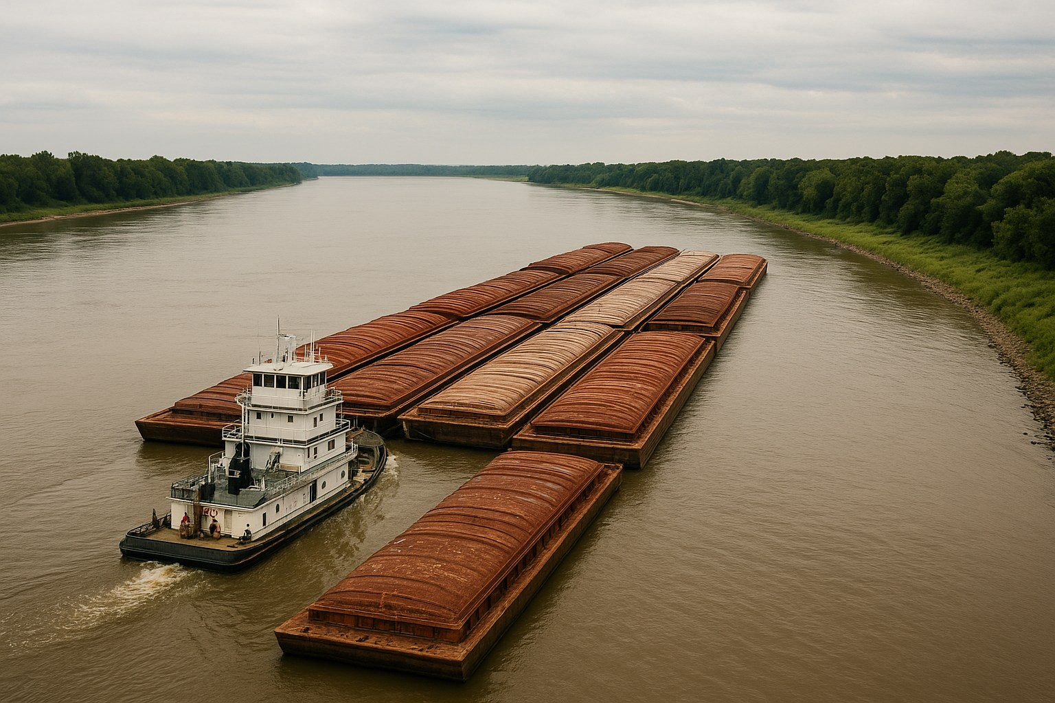 Commercial grain barges navigating low water on the Mississippi River during peak harvest