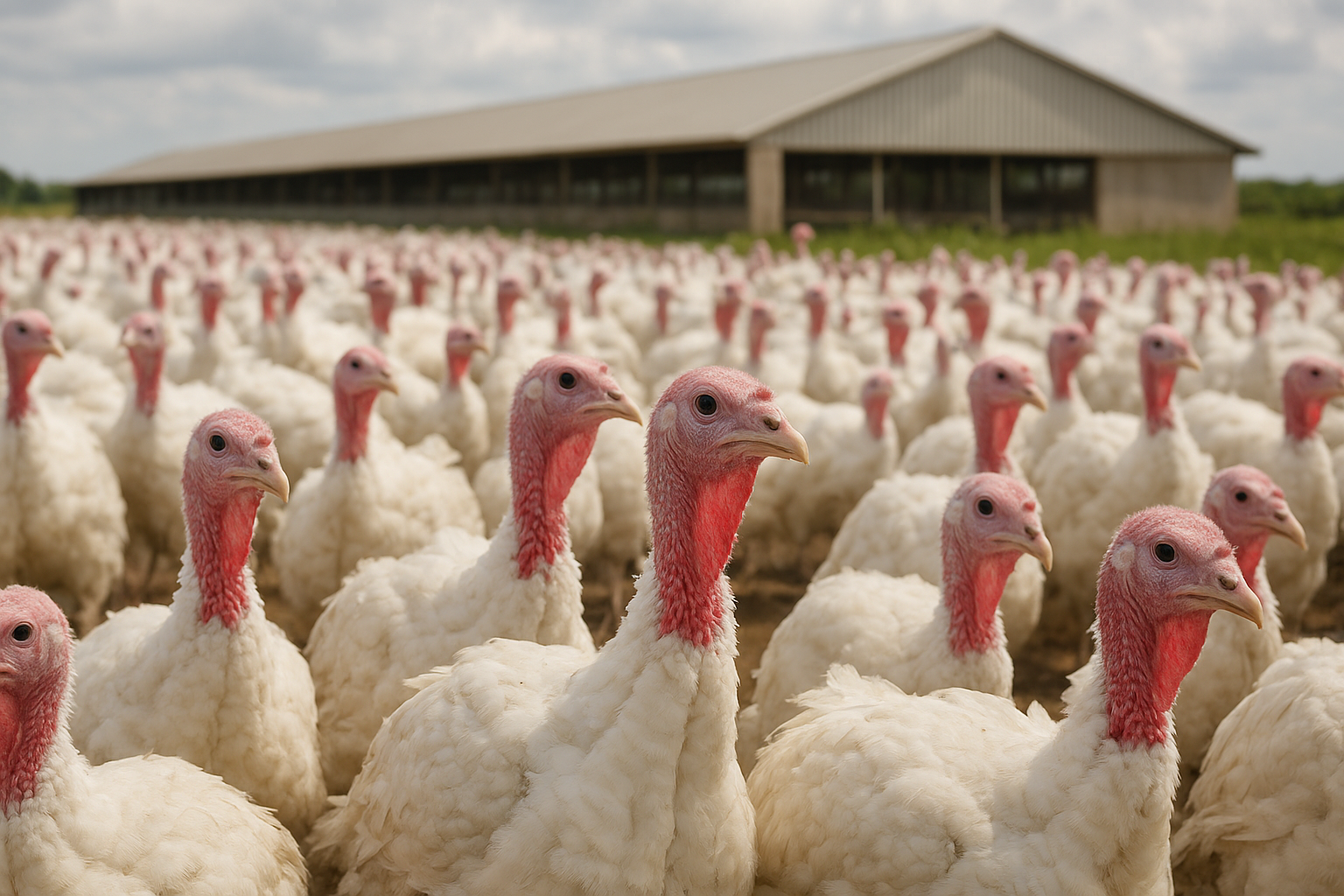 Modern commercial poultry production and feed facility with storage silos and biosecurity inspection vehicle under morning sunlight