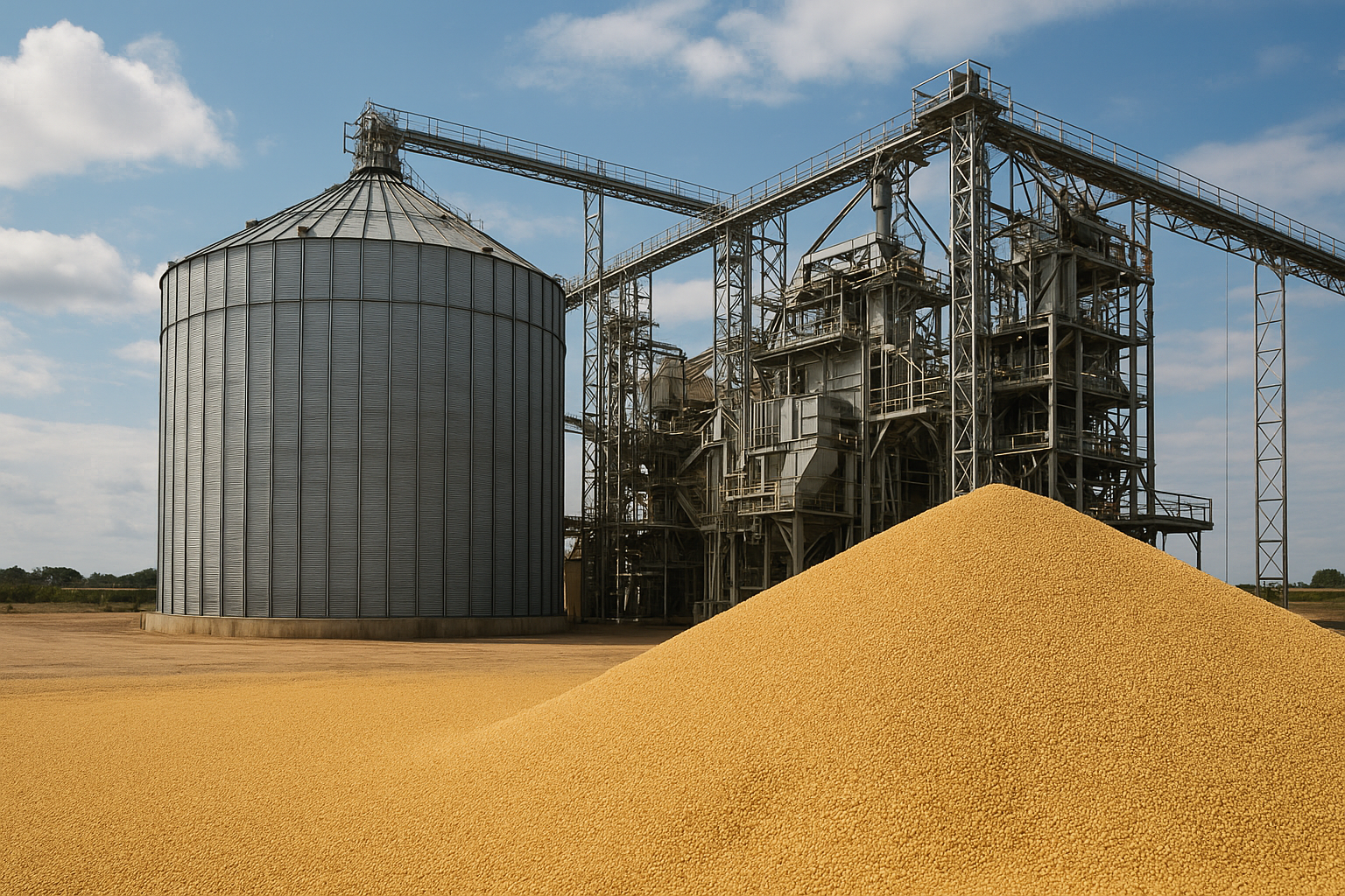 Modern industrial soybean crushing and processing facility with grain silos and bulk feed loading in Brazil