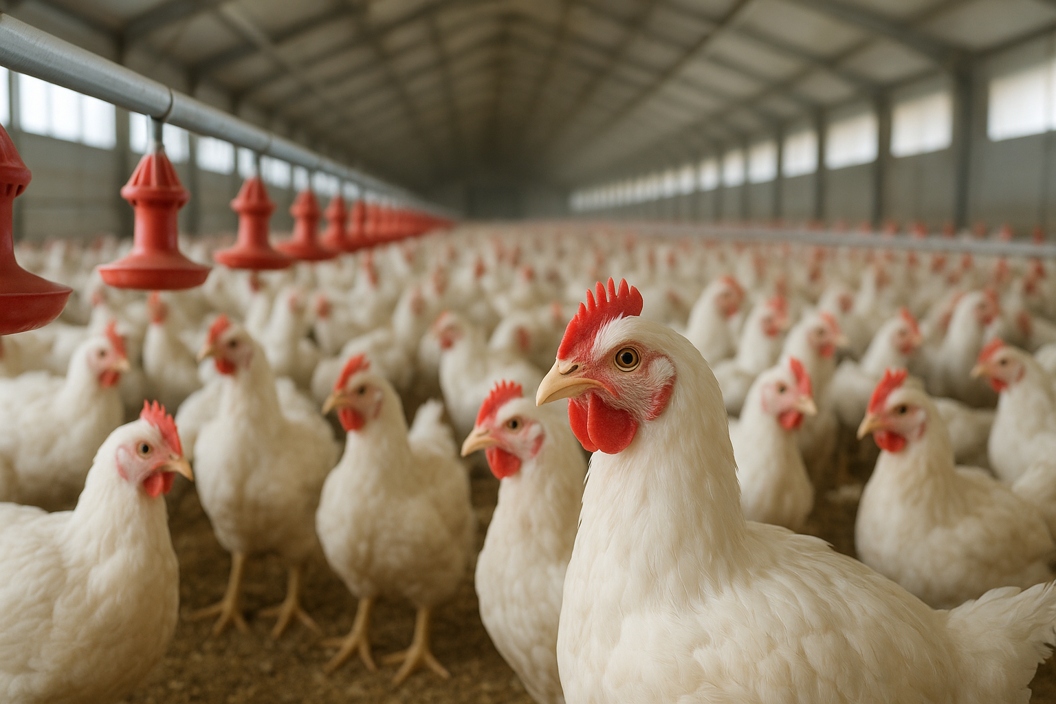 Modern commercial broiler poultry house with healthy flock feeding at automated feed lines