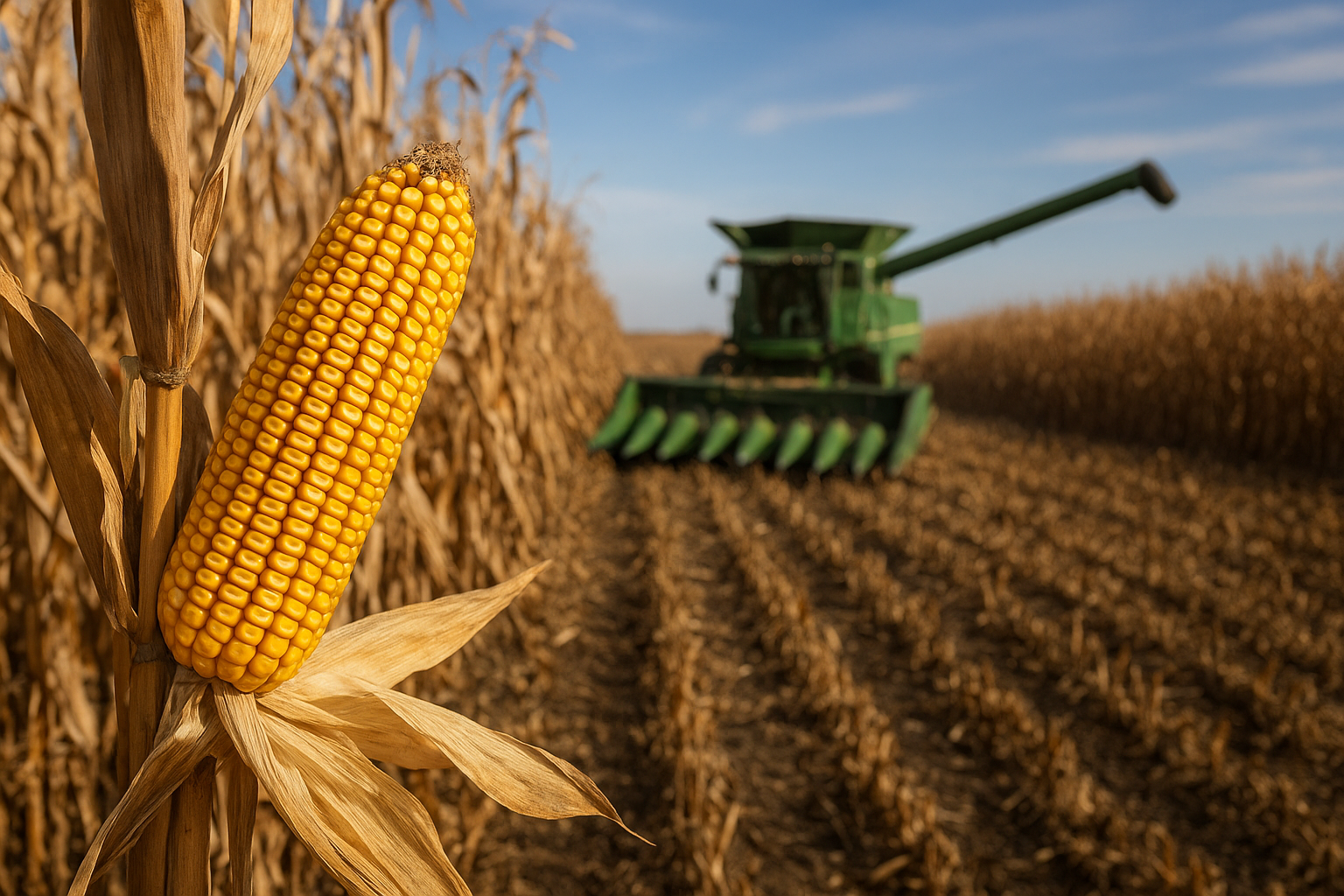 Commercial semi-truck dumping freshly harvested golden feed corn into a drive-over pit and hopper at a Midwest grain elevator and feed mill facility under crisp morning sunlight