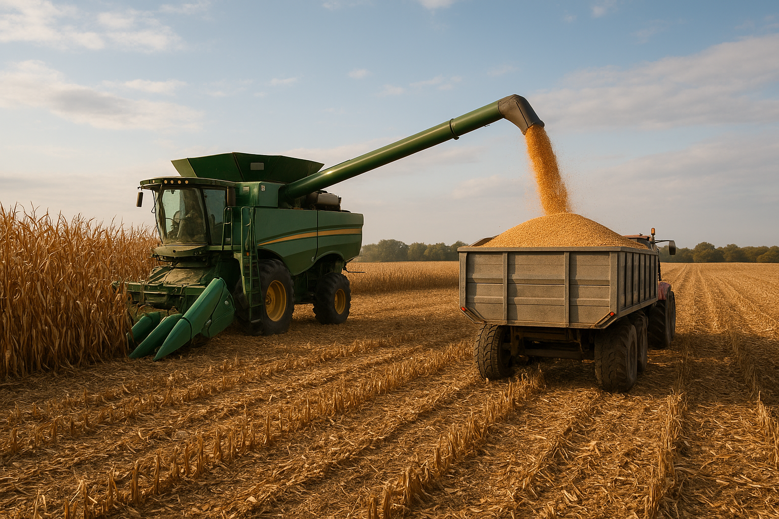 Combine harvester cutting corn and unloading yellow corn into a tractor grain cart during sunset harvest with rural elevator silos in background