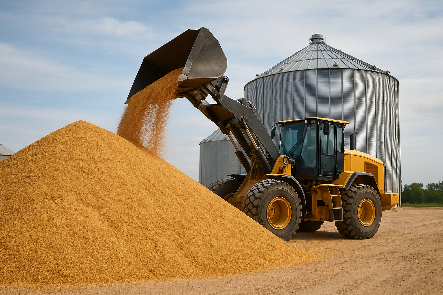 Golden-brown DDGS pouring from grain handling system