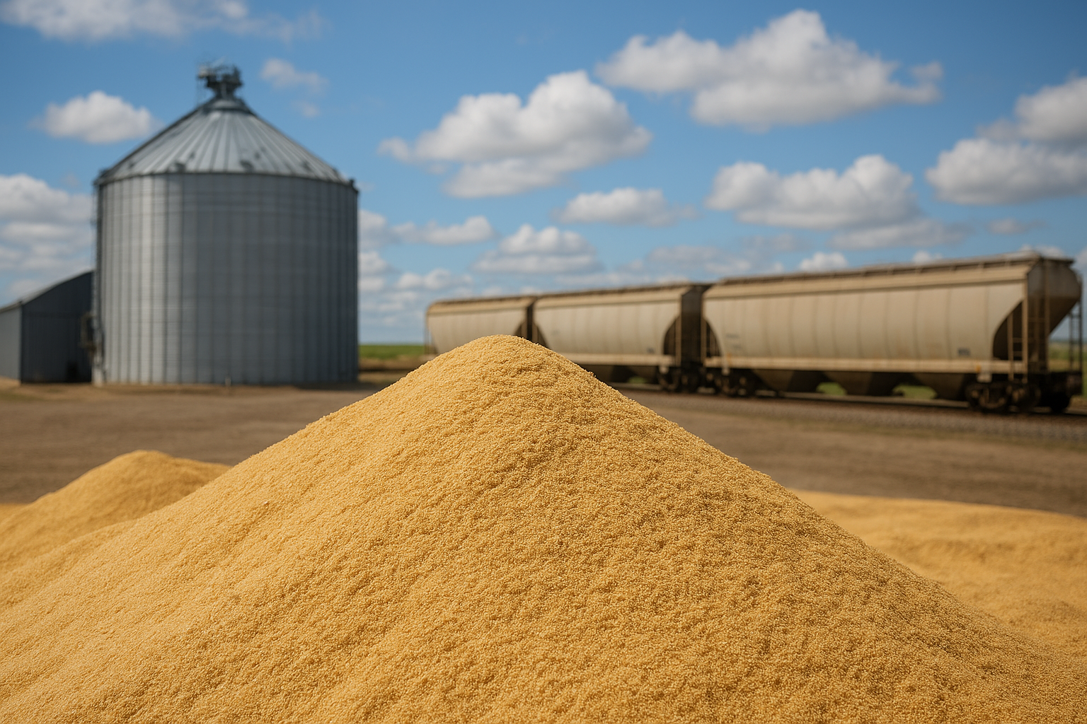 Distillers dried grains loading facility at a modern Midwest grain processing biorefinery with covered hopper railcars and bulk trucks