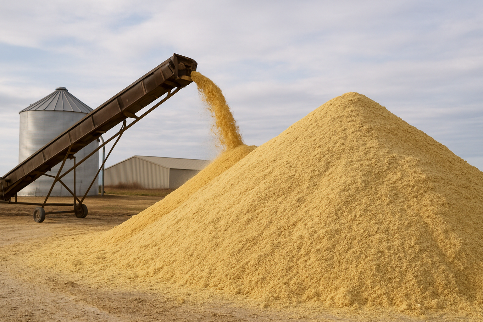Corn distillers dried grains with solubles flowing through industrial chute into animal feed mixing hopper