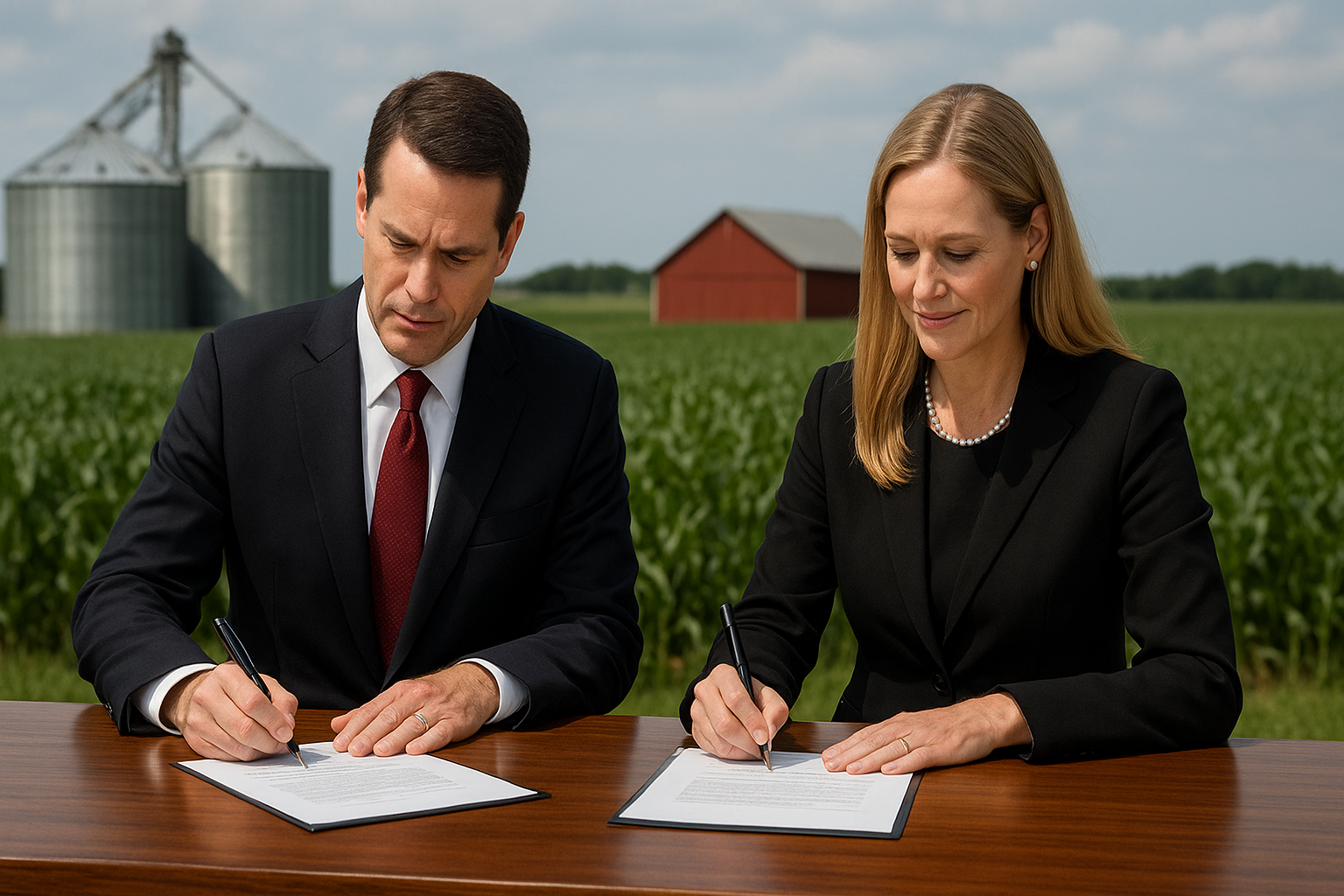 Modern commercial feed mill and grain elevator facility with bulk ingredient storage silos and delivery semi-trucks