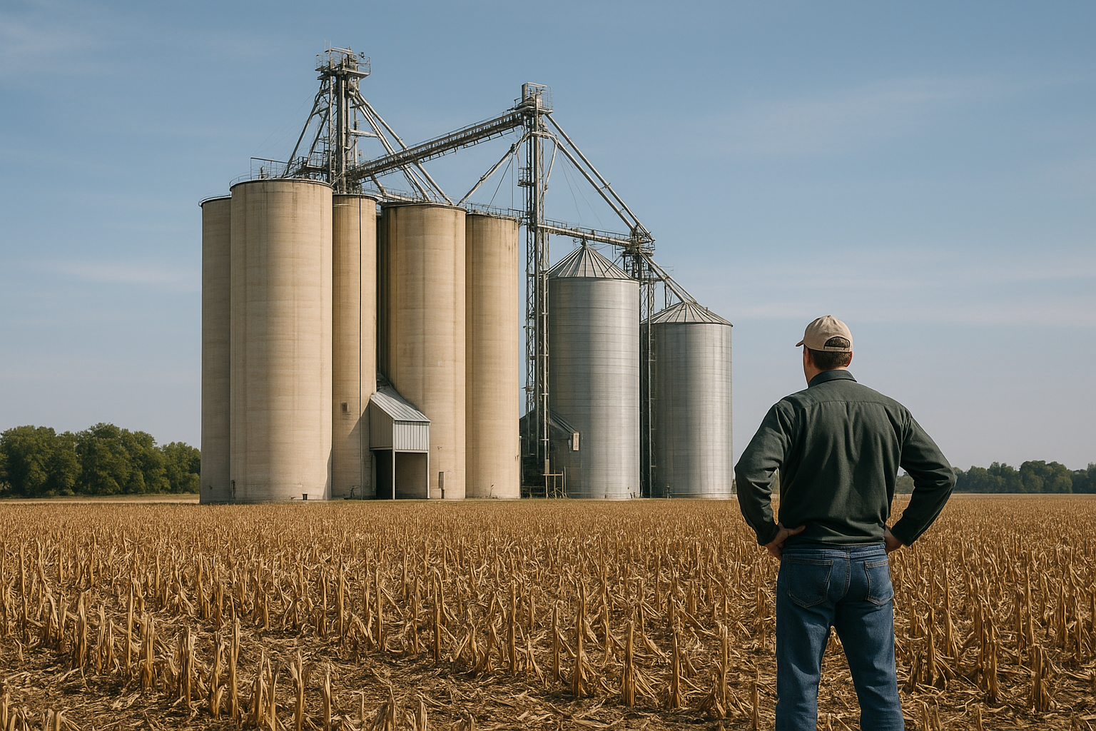 Massive commercial country grain elevator and agricultural cooperative storage facility during peak autumn harvest with tall concrete silos, tarped outdoor grain bunkers, semi-trucks unloading corn, and rail hopper cars under crisp morning sunlight