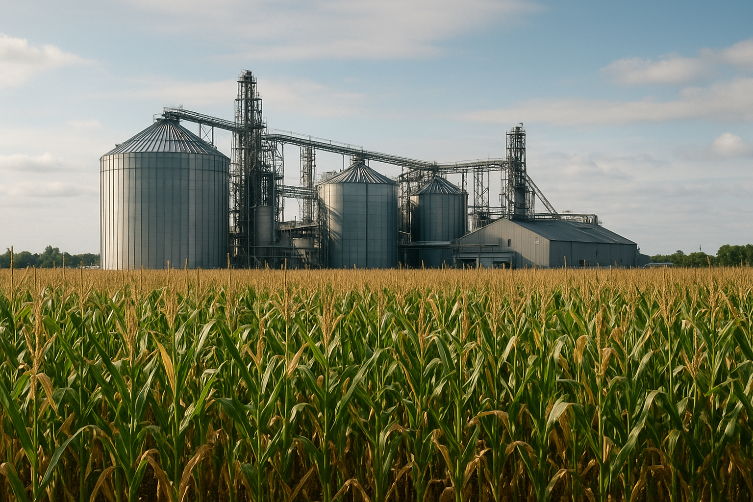 Modern commercial grain ethanol biorefinery and feed co-products facility in the rural Midwest with stainless steel fermentation tanks, grain elevators, and distillers dried grains loadout bay under golden autumn afternoon sunlight
