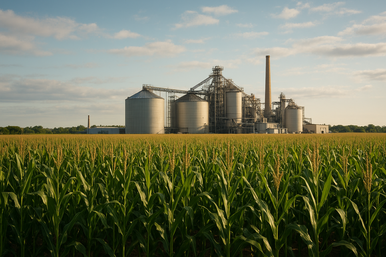 Industrial Midwest ethanol biorefinery with grain storage silos and railcars loading distillers dried grains with solubles