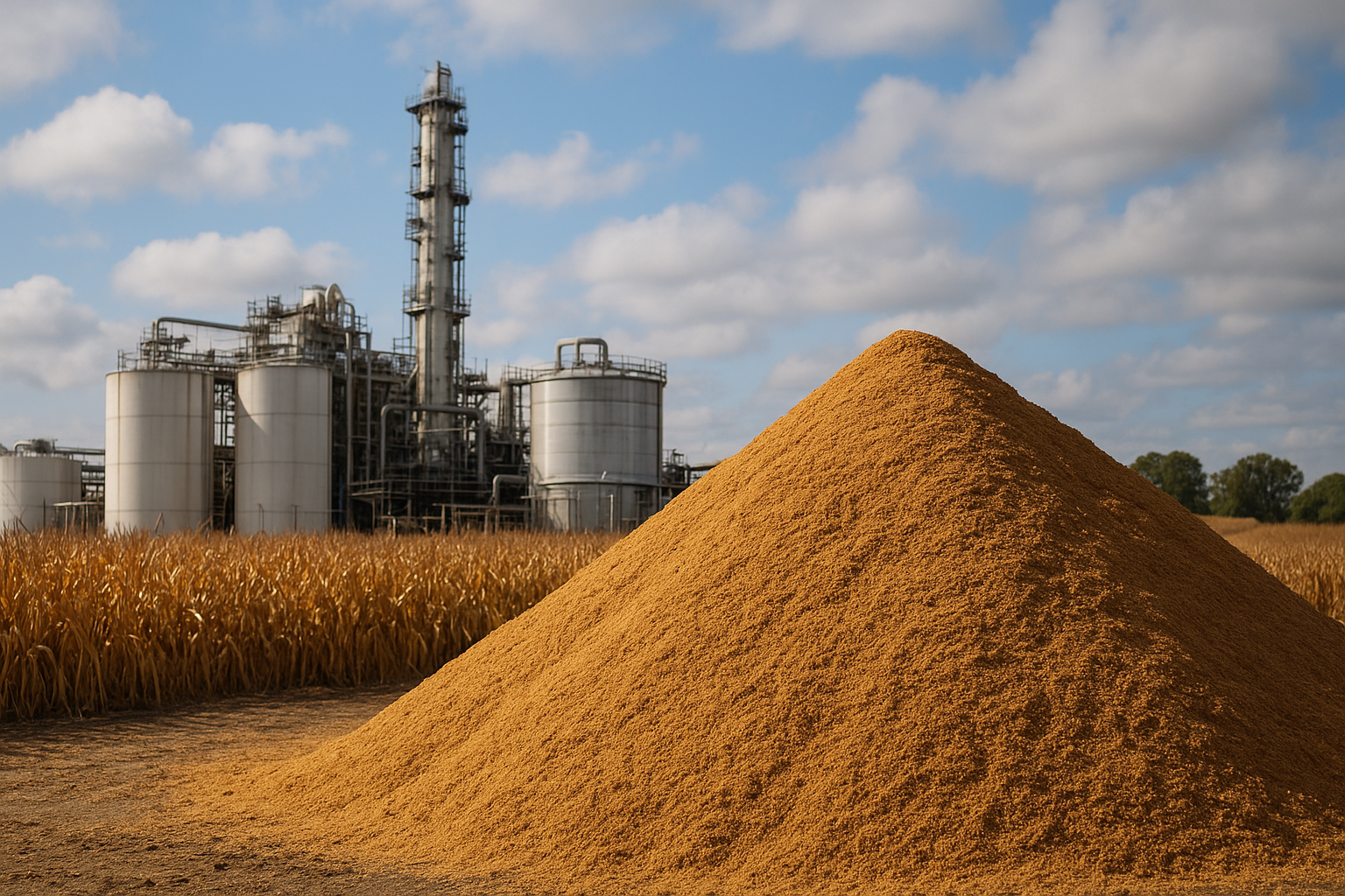 Modern Midwest grain ethanol biorefinery with distillation columns and bulk loadout bay transferring golden Distillers Dried Grains with Solubles (DDGS) into a semi-truck trailer