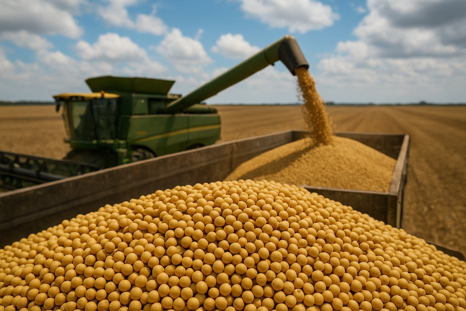 Commercial deepwater export grain terminal loading bulk golden soybean meal into ocean cargo vessel hold