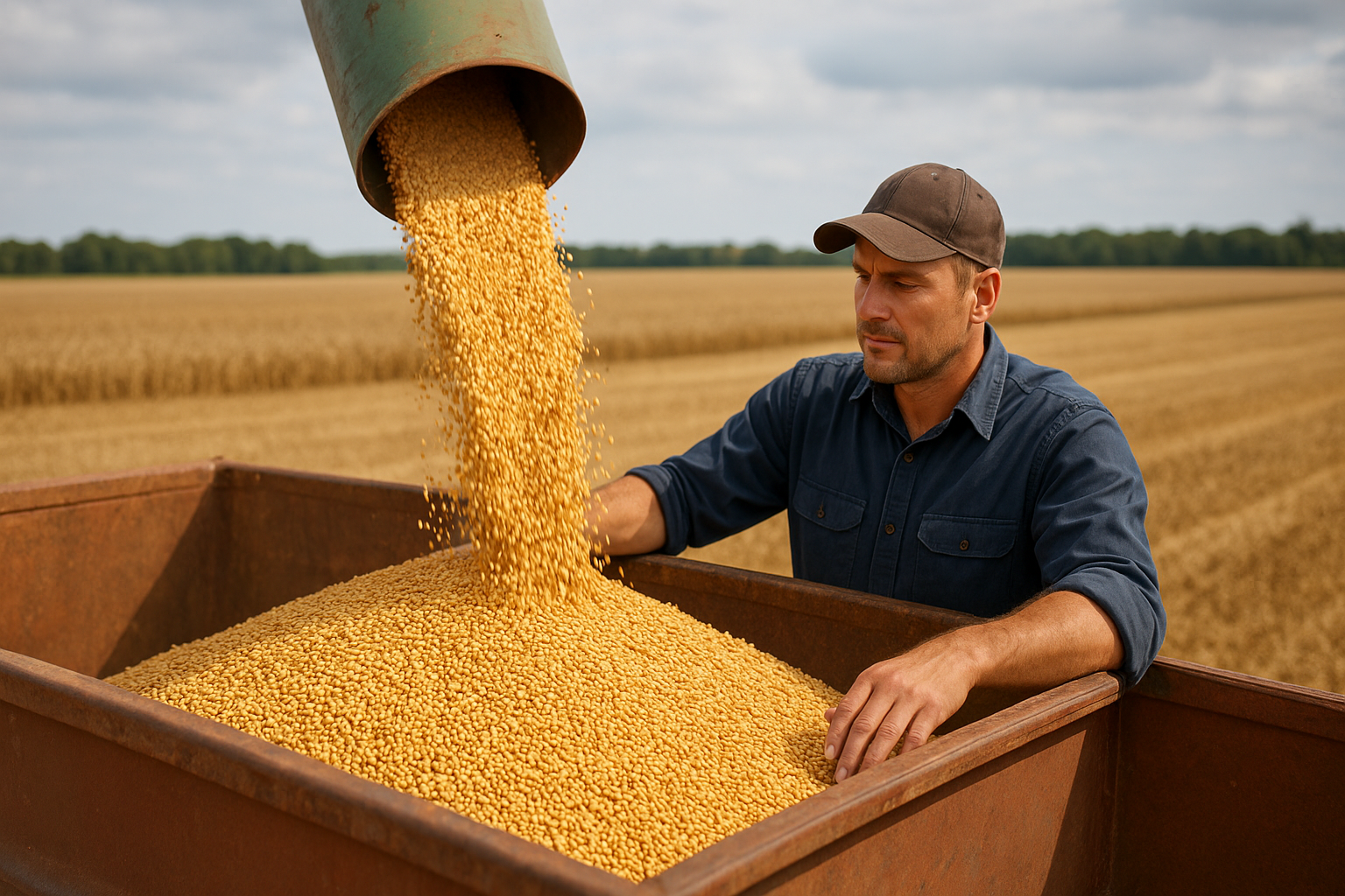 Ocean bulk vessel receiving corn and grain at a deepwater export elevator