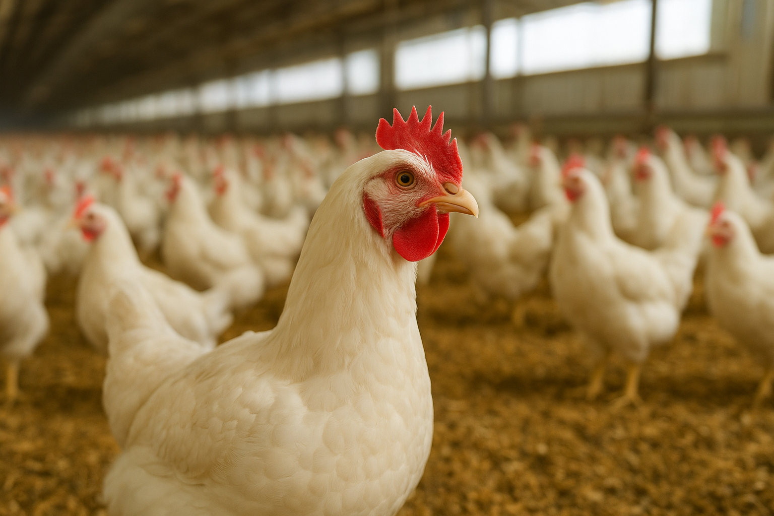 Modern cage-free commercial poultry layer facility with laying hens along precision automated feed distribution lines