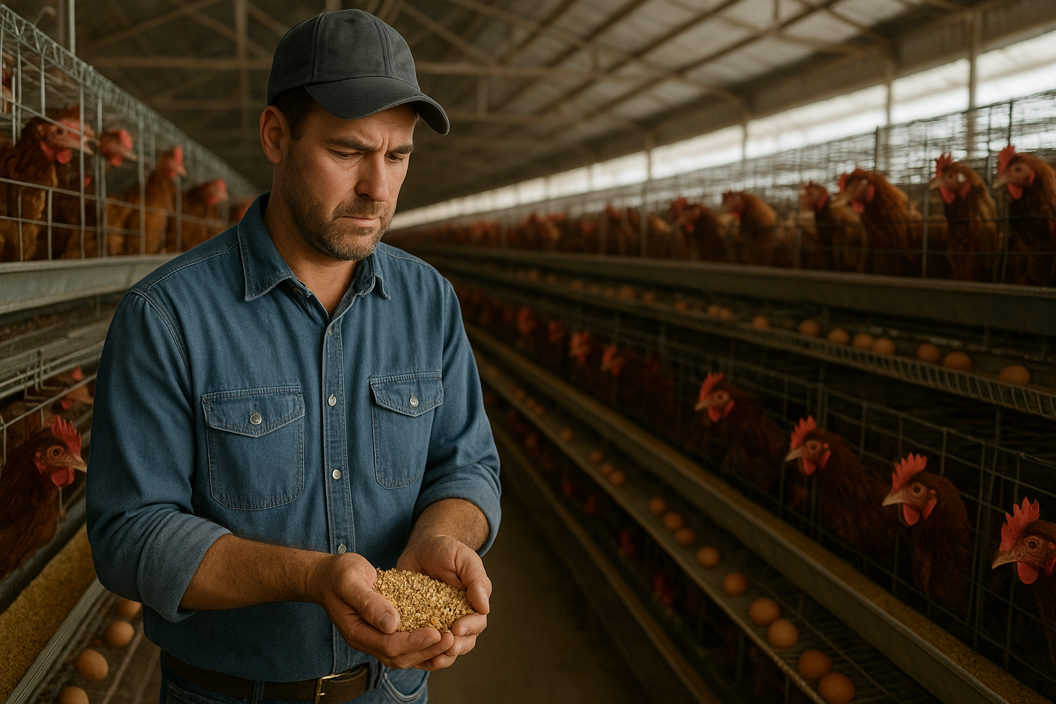 Modern commercial poultry layer production facility and feed mill complex with steel grain storage silos and bulk ingredient delivery semi-trucks