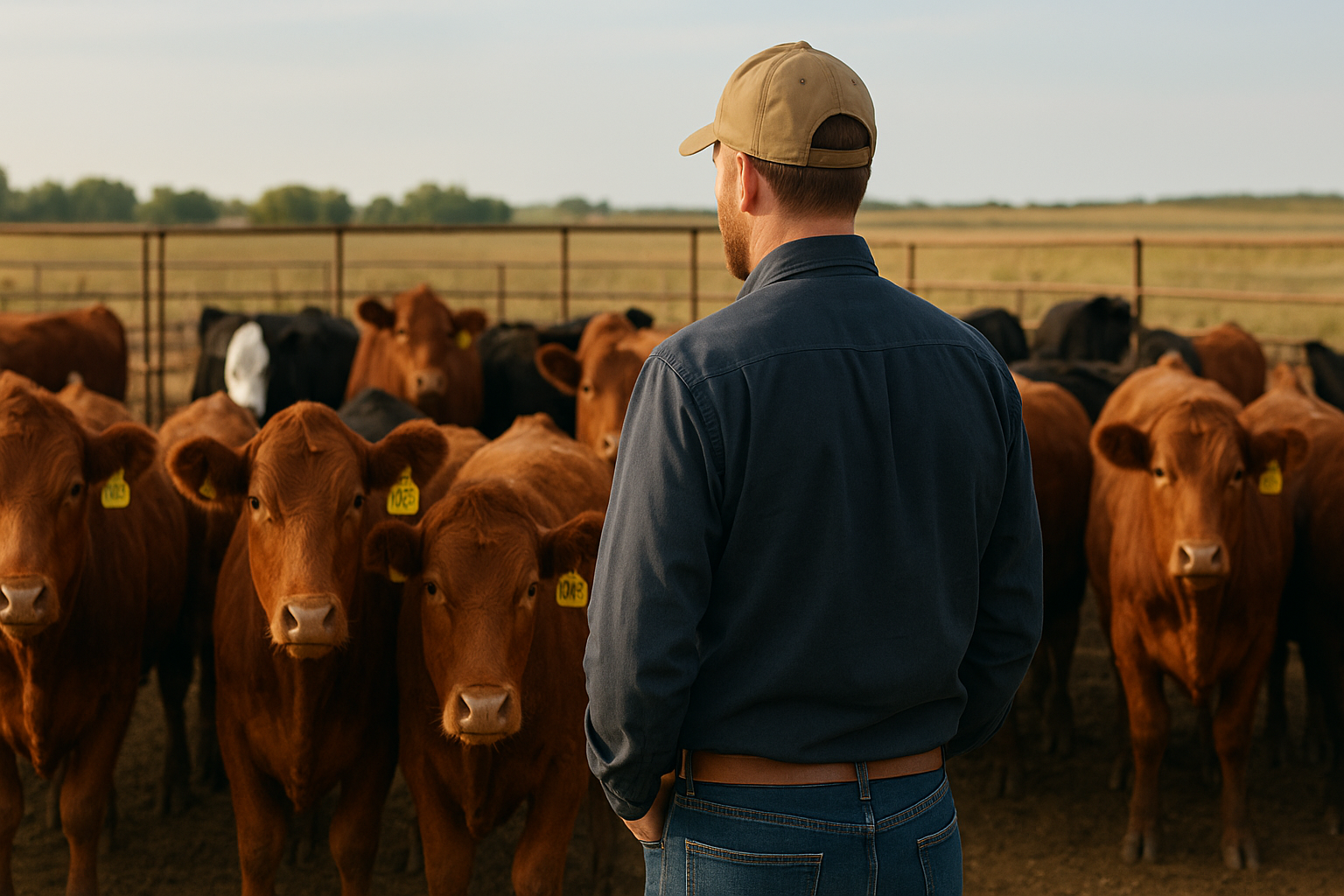 Commercial black and red Angus feeder cattle feeding at concrete bunk lines in a modern Great Plains feedlot during autumn morning light with grain silos and feed mill infrastructure in the background