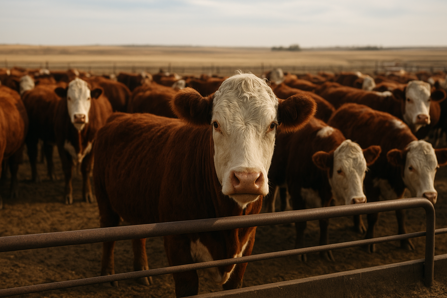 Commercial yearling feeder cattle eating flaked corn and silage ration along concrete feed bunks in an open-air High Plains feedlot under late afternoon autumn sunlight