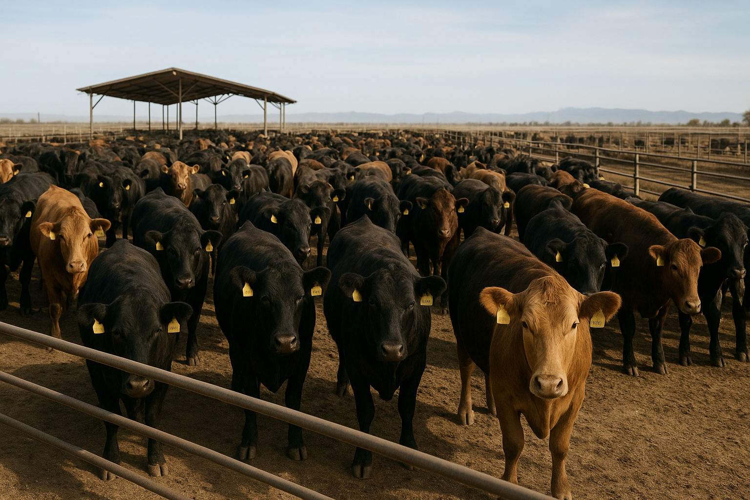 Large commercial beef cattle feedlot in the Great Plains during late afternoon autumn sunlight with black Angus fed cattle standing at concrete feed bunks and feed mill grain silos in the background