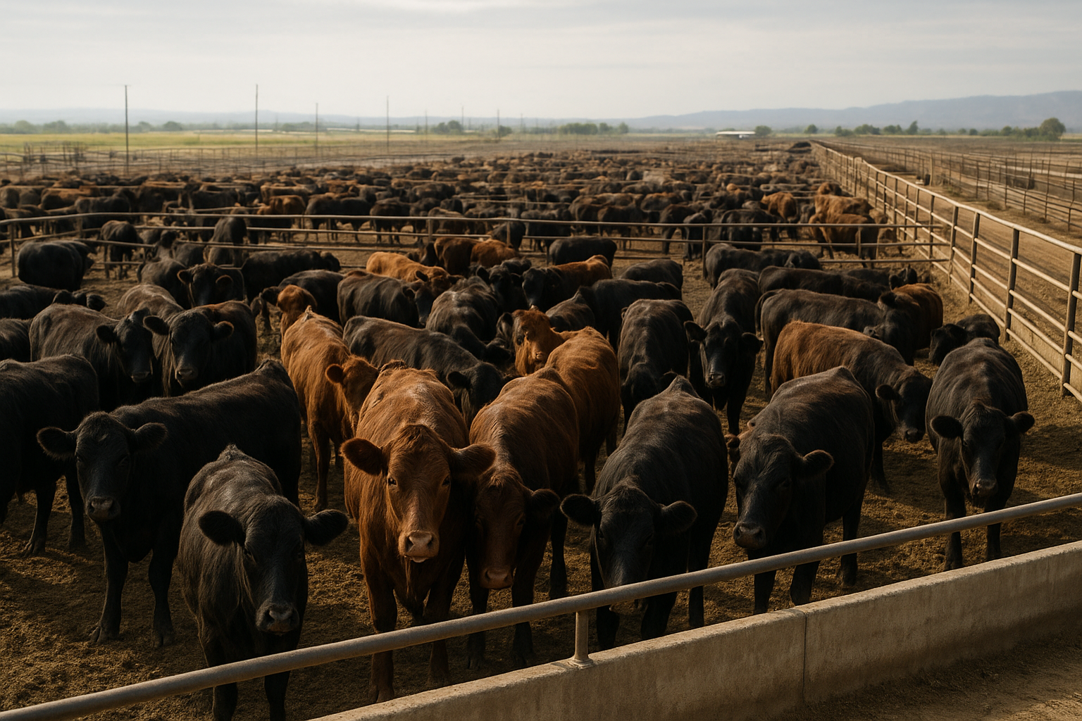 Commercial cattle feedlot with cattle feeding along bunk