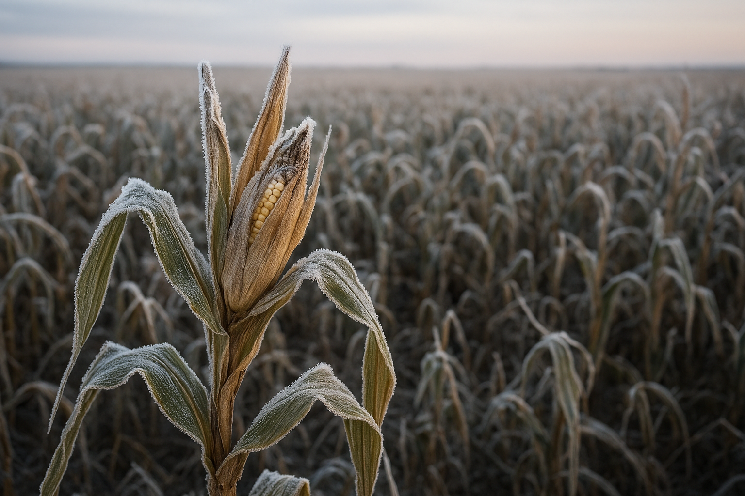 Midwestern cornfield at sunrise with visible frost dusting corn husks and stalks alongside a combine harvester