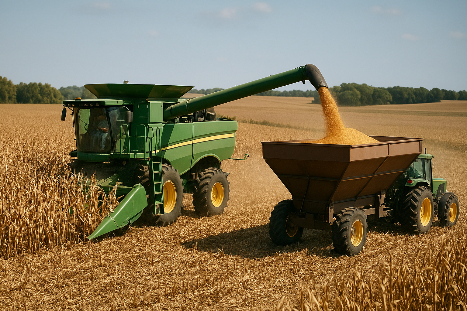 Agricultural commodity merchandiser and grain originator reviewing CBOT corn futures candlestick charts, volume bars, and cash basis sheets on a rugged tablet from an elevated catwalk at a rural Midwest commercial grain elevator and feed mill facility during peak autumn harvest
