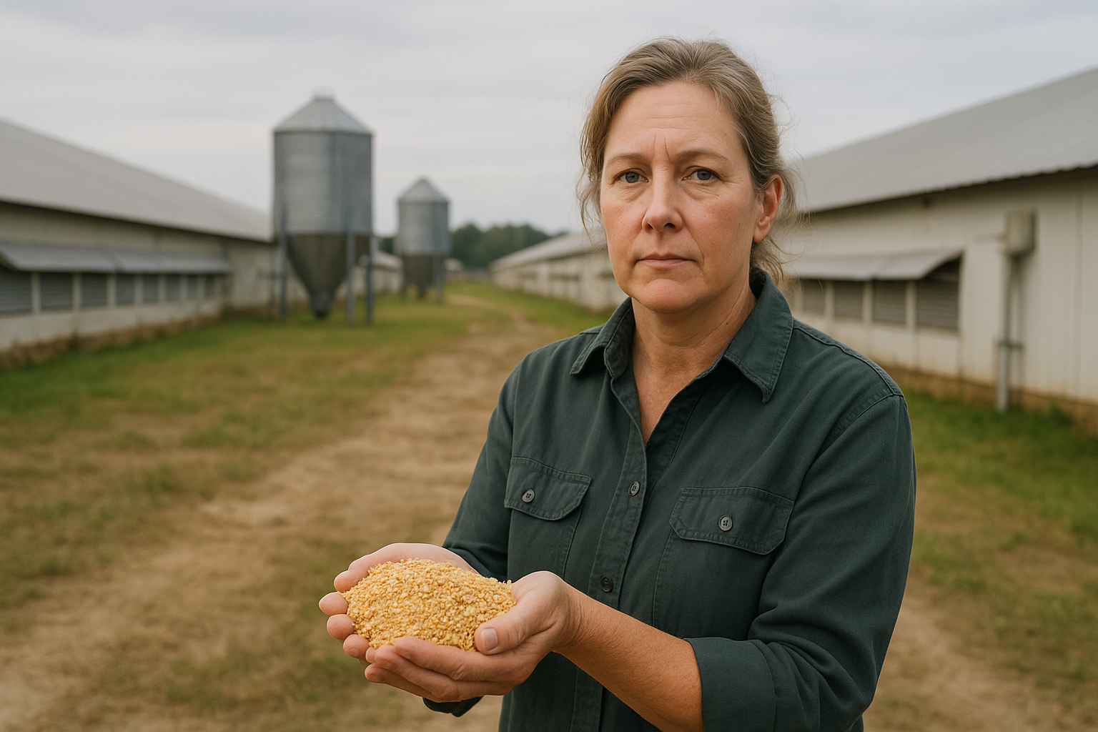 Commercial poultry houses and bulk feed storage silos damaged by Hurricane Helene in Georgia with feed delivery trucks and utility crews