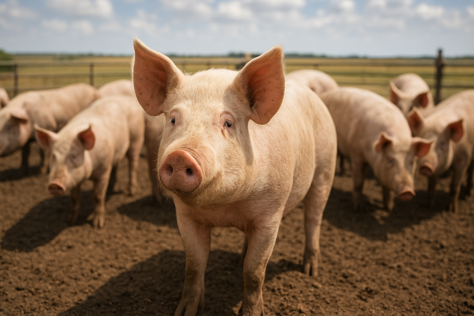 Modern biosecure commercial swine finishing barn with hogs feeding at automated feed lines