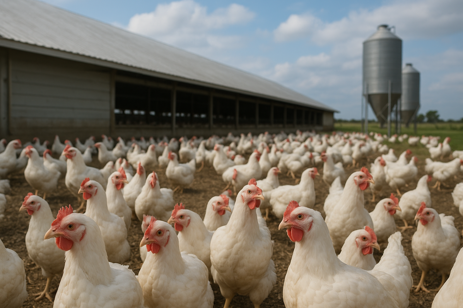 Biosecure commercial turkey and poultry facility with automated feeding lines and feed silos in the Upper Midwest