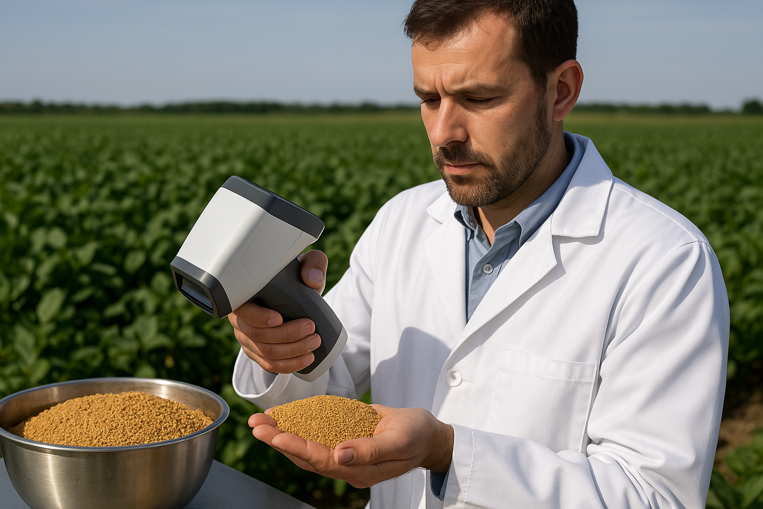 Animal nutrition quality assurance specialist inspecting golden-brown soybean meal samples and operating benchtop NIR spectroscopy equipment in a feed testing laboratory