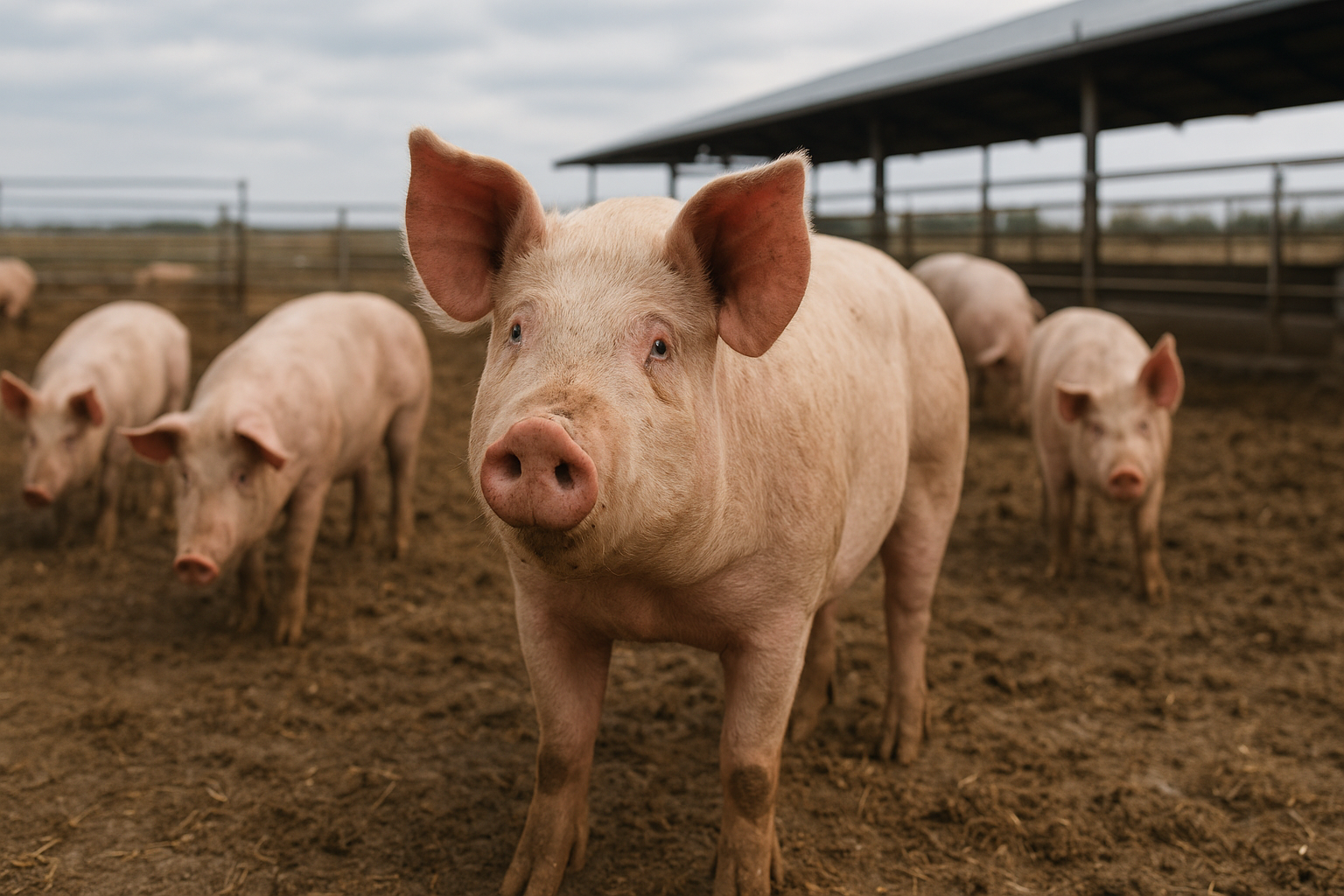 Modern commercial swine finishing facility in the Midwestern United States with market hogs at stainless steel automated feed lines