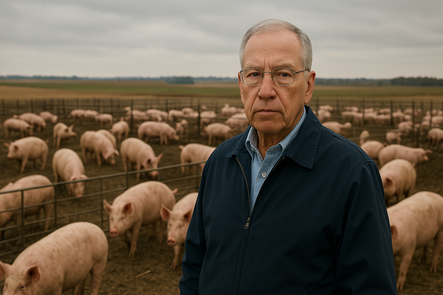 Large commercial pork processing logistics hub and cold storage facility with temperature-controlled refrigerated trailers loading fresh pork export cuts under clear autumn skies