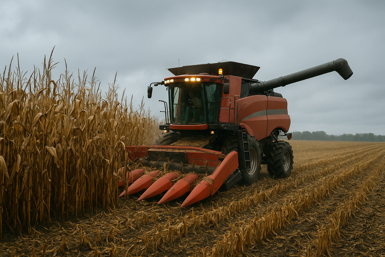 Agricultural combine harvesters paused at perimeter of muddy corn field during autumn rainstorm beside rural grain elevator
