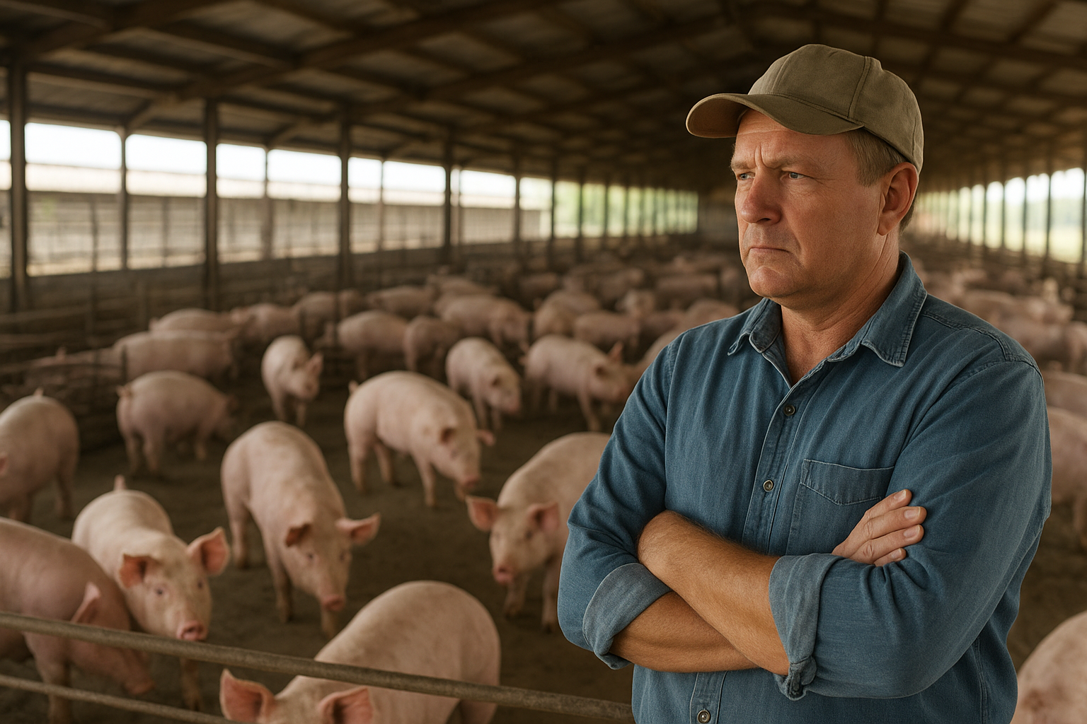 Modern commercial swine barn with finishing pigs at automated precision feed bunks