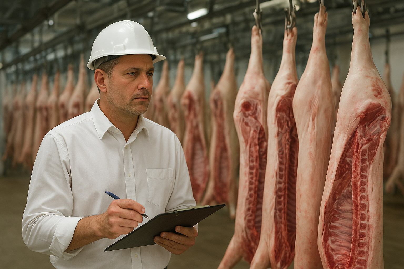 Commercial swine finishing barn and feed mill facility with automated feeding lines, storage silos, and healthy hogs