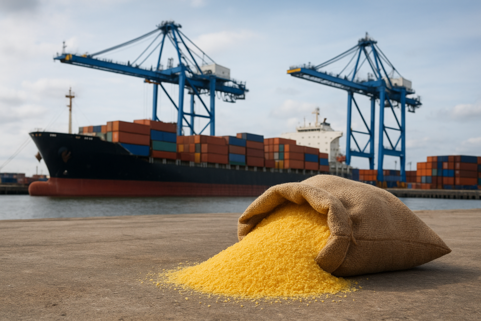 Intermodal shipping containers and bulk agricultural feed cargo at deepwater export terminal under container gantry cranes