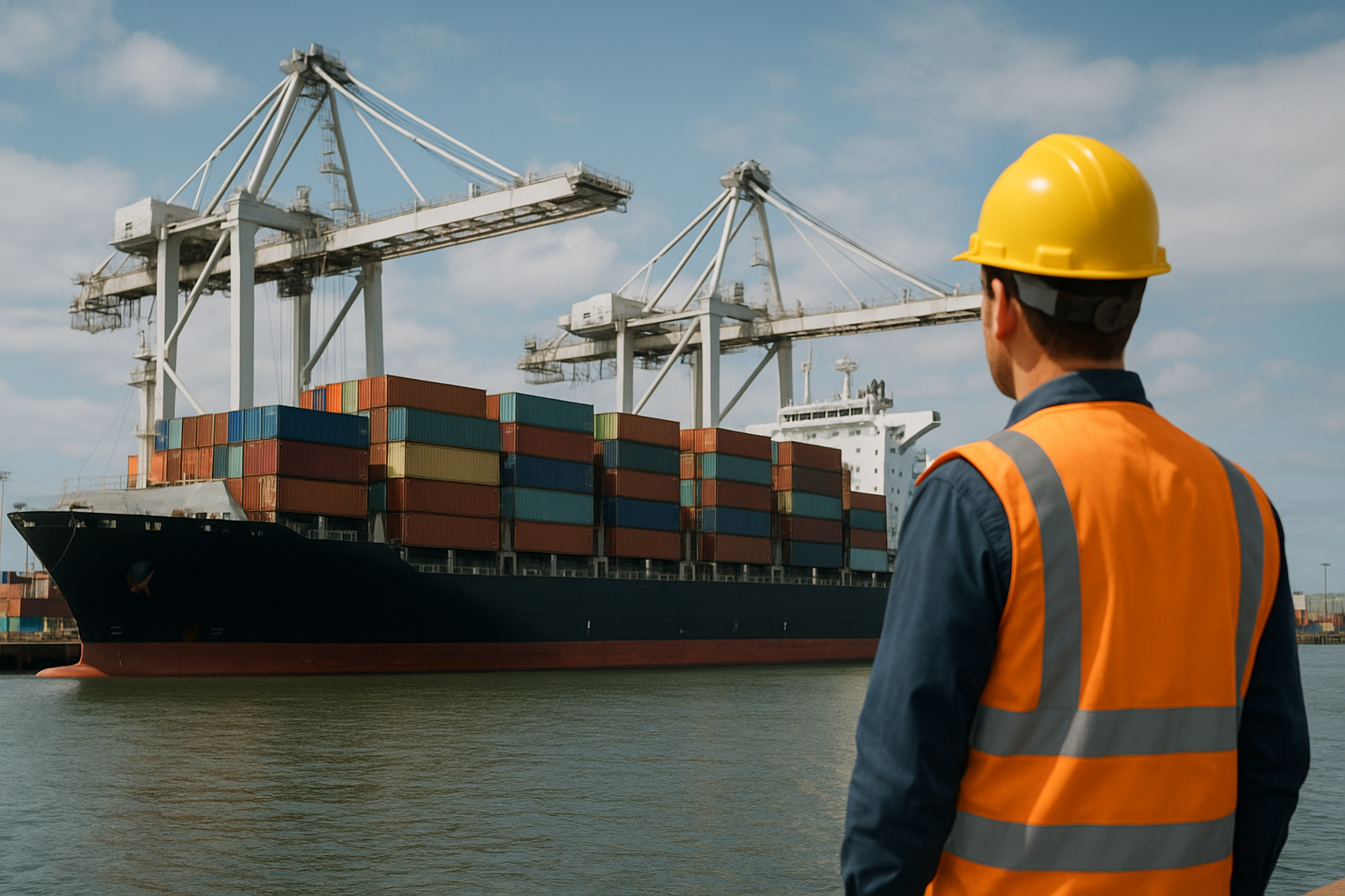 Container gantry cranes and cargo vessel at deepwater port terminal resuming intermodal operations for agricultural feed exports