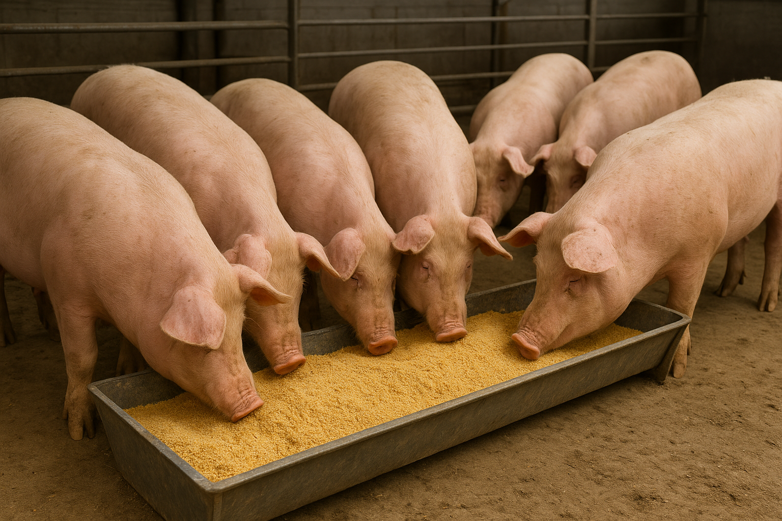 Modern automated commercial swine finishing facility with healthy pigs feeding at stainless steel feeders and digital feed monitoring controls