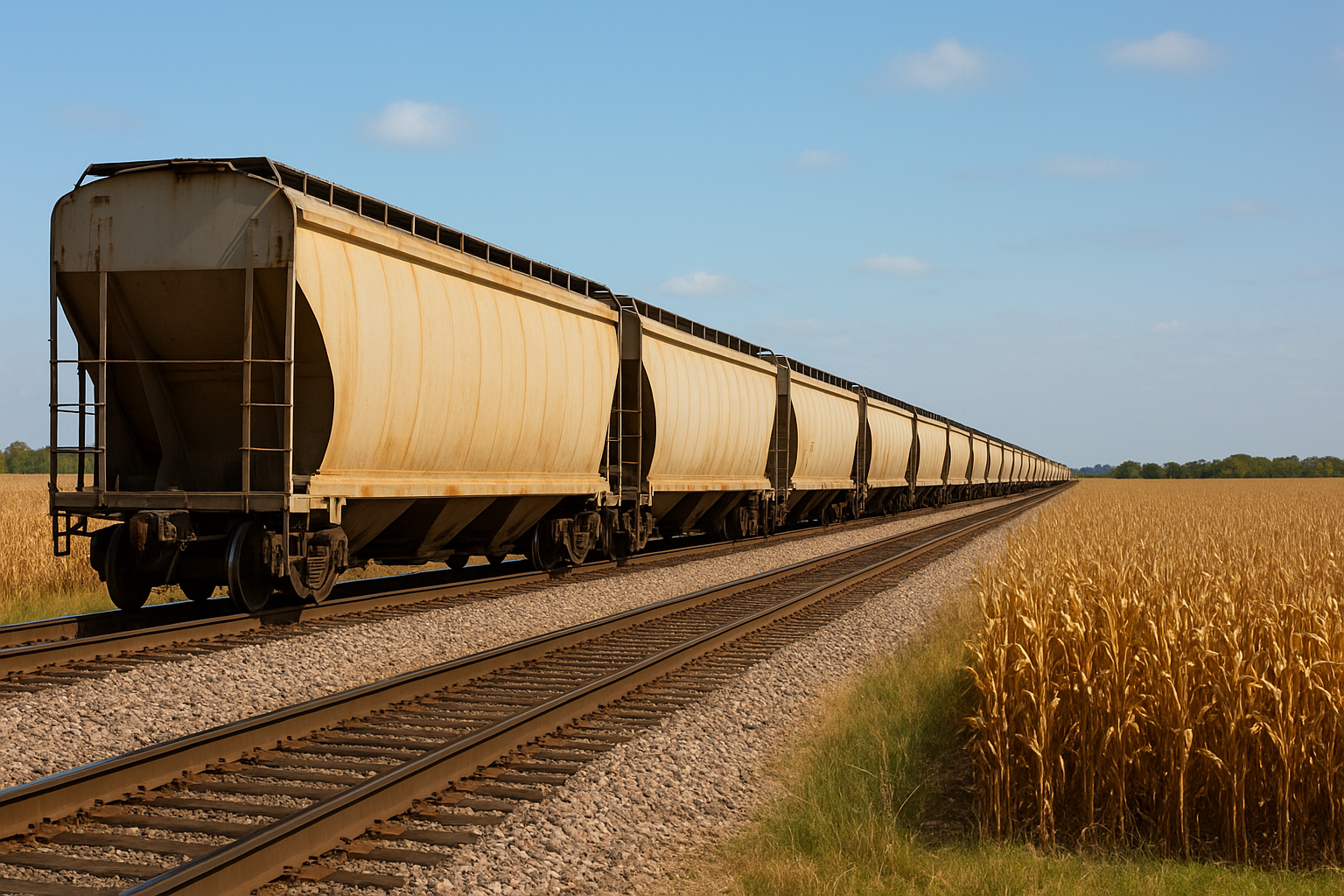 Modern Class I freight locomotive pulling unit train of covered grain hopper cars past commercial grain elevator and feedlot terminal