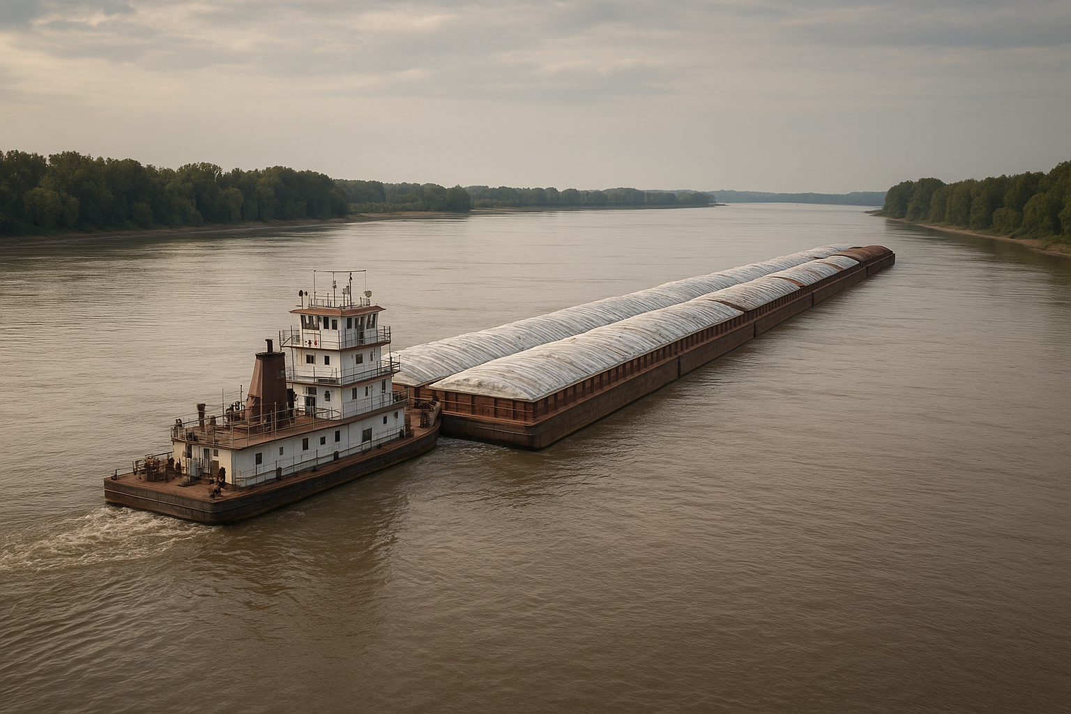 Inland towboat pushing a fleet of covered hopper grain barges down the Mississippi River near St. Louis during a clear autumn morning