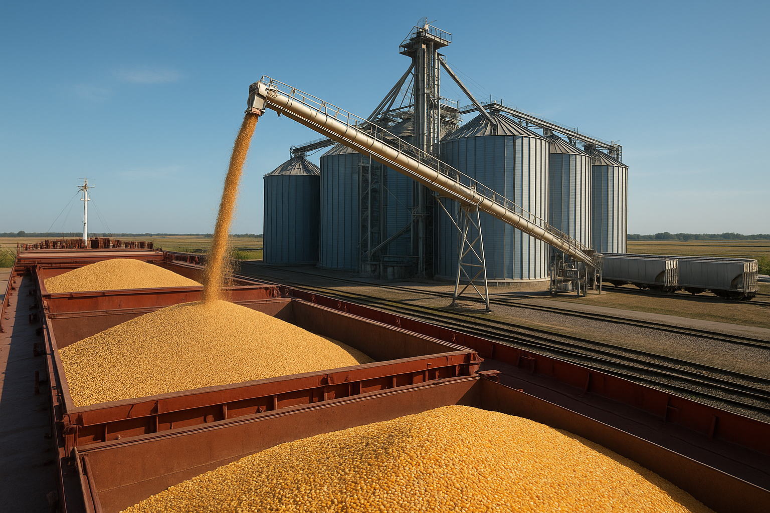 Commercial deepwater grain export elevator loading bulk corn and soybeans into ocean vessel holds during autumn harvest
