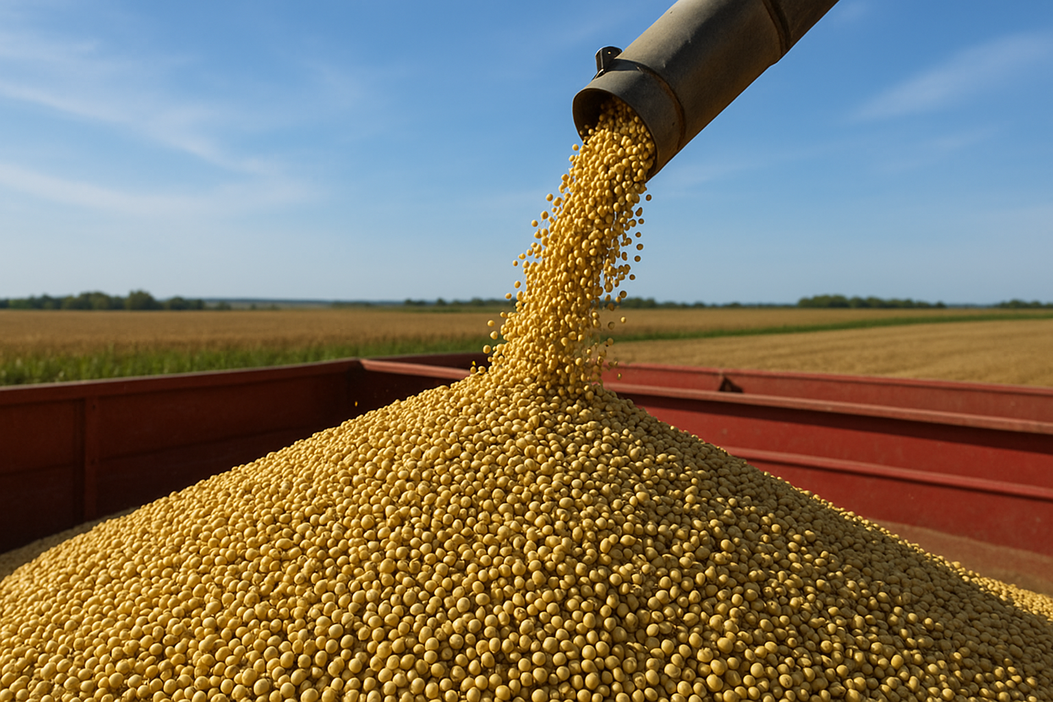 Modern industrial soybean processing and crush facility in the American Midwest with steel storage silos, solvent extraction towers, and grain trucks unloading during autumn harvest