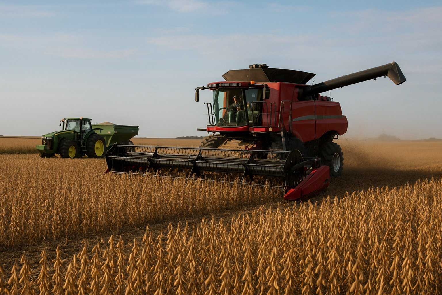 Modern combine harvesters cutting mature golden soybeans at dusk in a vast Midwest field while unloading into a tractor grain cart under autumn sunset