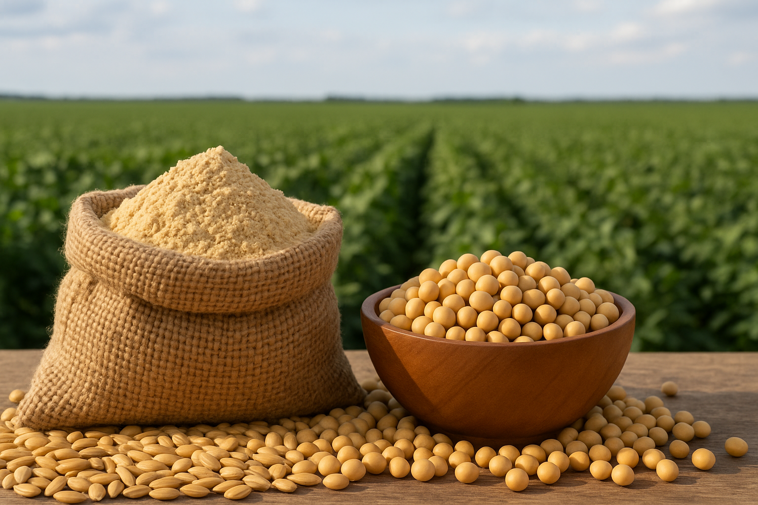 Soybeans being harvested and processed