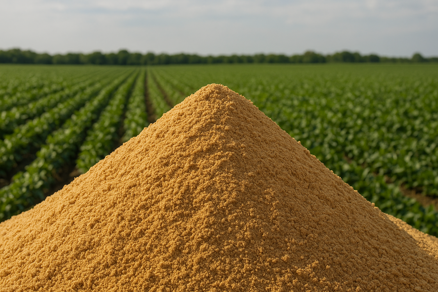 Modern commercial soybean processing facility and animal feed mill with storage silos and feed bulk trucks loading soybean meal under autumn sunlight