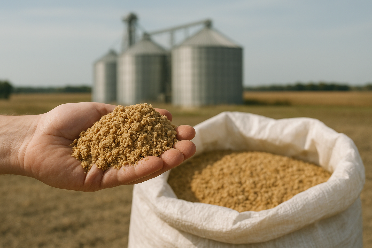Modern agricultural processing facility with golden granular soybean meal discharging from an overhead chute into a commercial bulk feed hopper truck