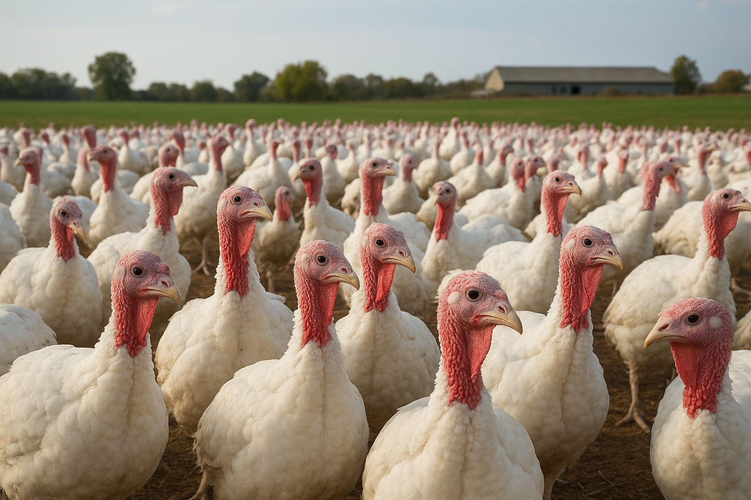 Modern biosecure commercial poultry barn with large flock of turkeys feeding at automated feed lines