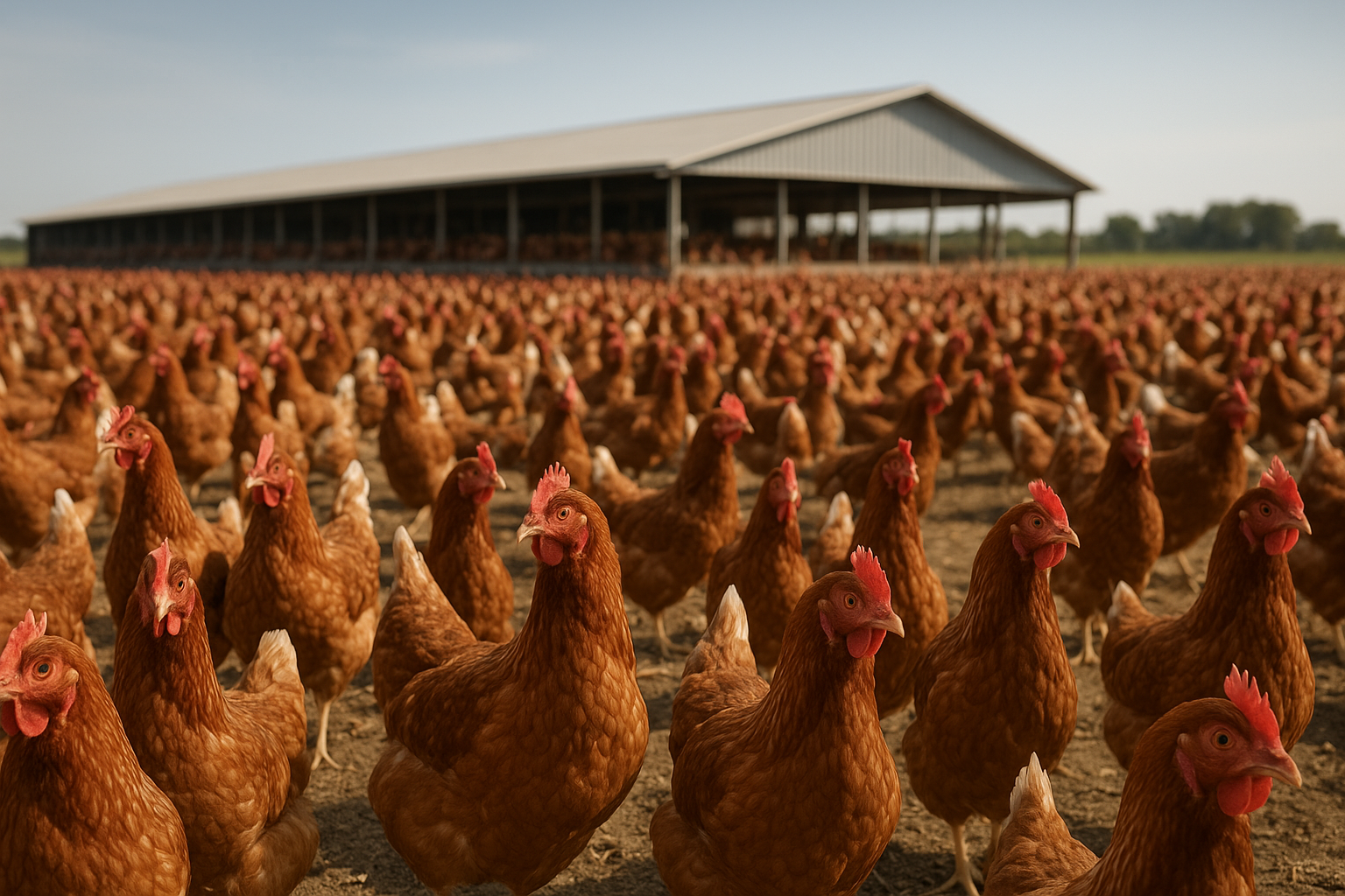 Modern commercial table egg production complex and feed mill facility with grain storage silos and bulk feed delivery trucks under morning sunlight