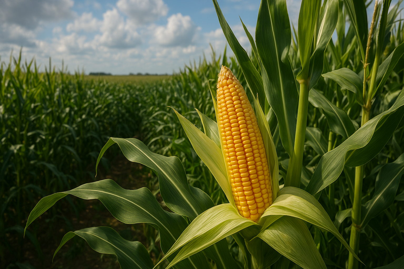 Agricultural data technician evaluating precision crop yield analytics on a digital field tablet at the edge of a mature golden Nebraska cornfield during harvest season with combine operating in the background