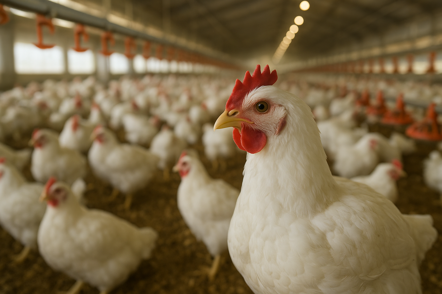 Commercial broiler poultry house with precision feeding lines, biosecurity controls, and health monitoring