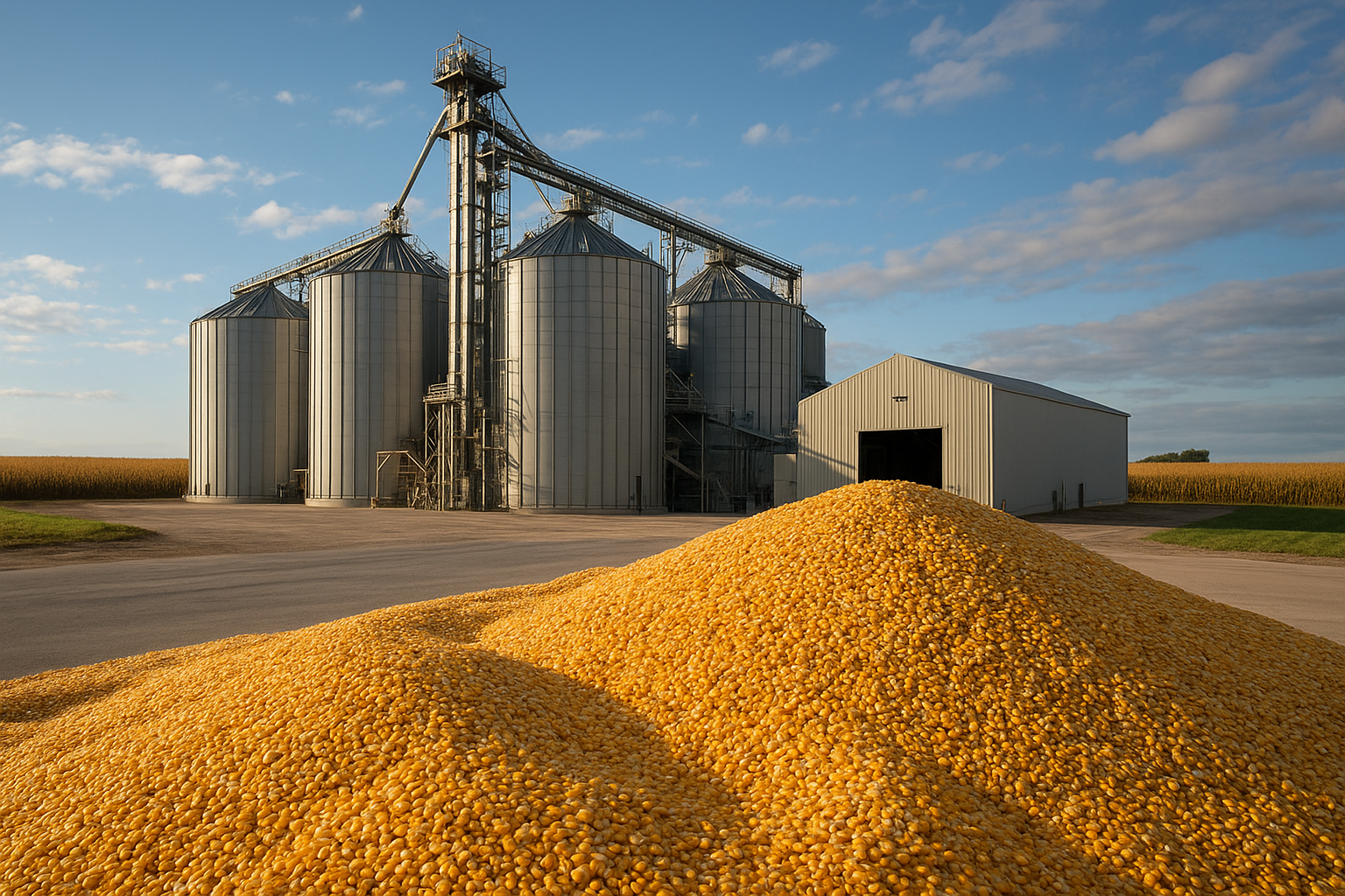 Commercial Midwest ethanol biorefinery and distillers grains processing facility loading DDGS into rail hopper cars and bulk transport trucks
