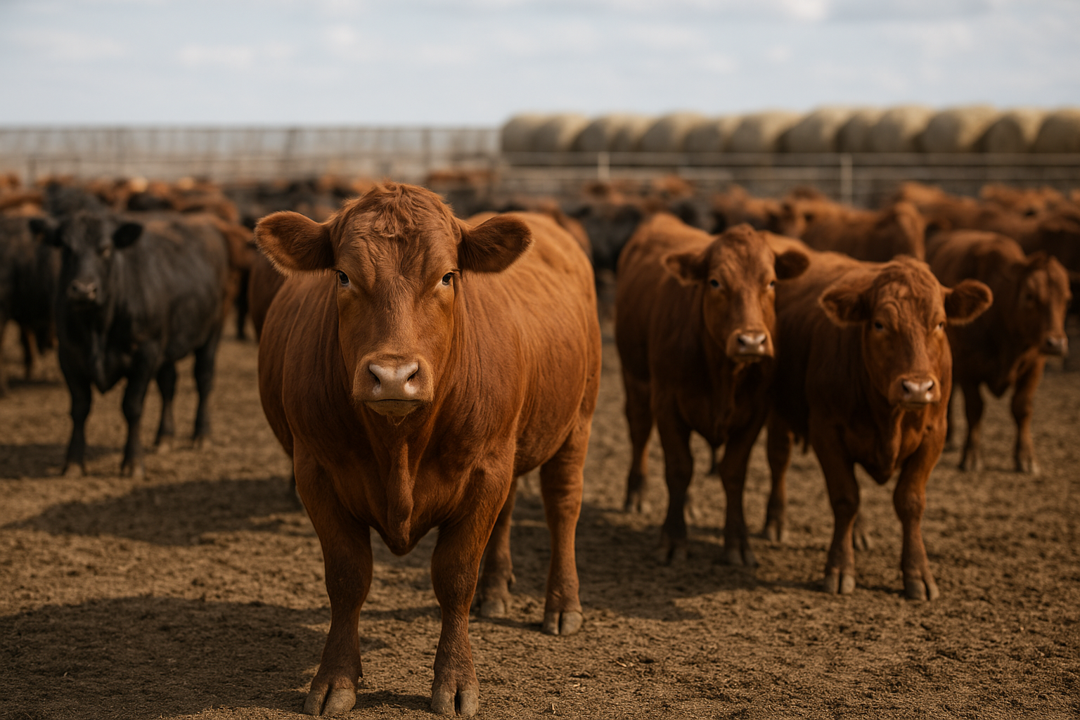 Commercial feedlot cattle consuming a high-energy finishing ration of steam-flaked corn and distillers grains at a clean concrete feed bunk under autumn sunlight in the American High Plains